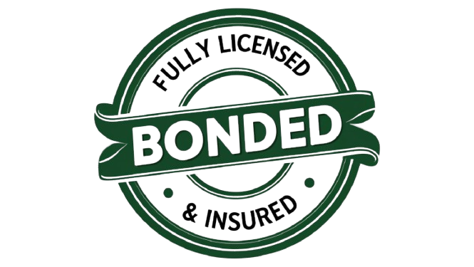 a circular badge resembling a stamp. the outer ring is green with the white text fully licensed insured curving around it. the center is white with the word bonde